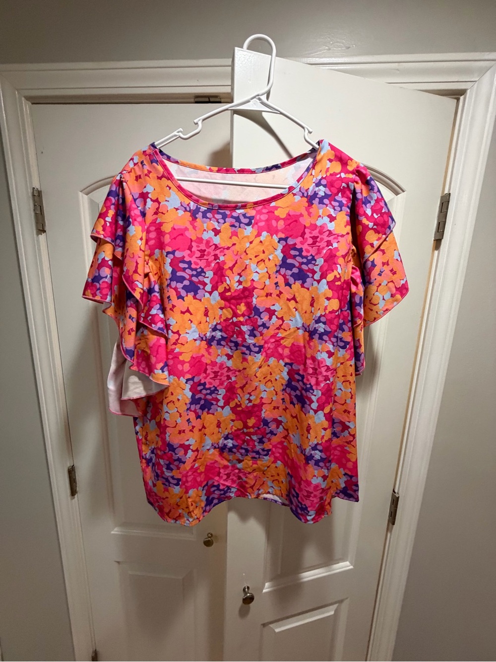 Bright Floral Ruffle Sleeve Women's Top - Pink/Orange